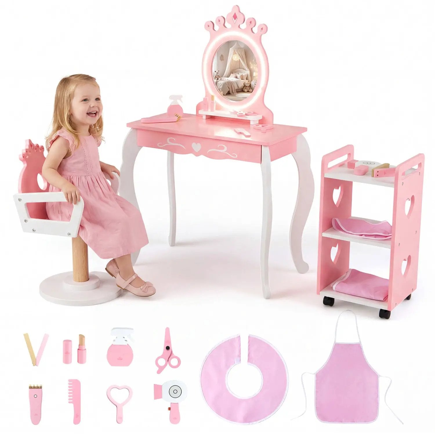 Kids Hair Salon Play Set with LED Lighted Mirror Wooden Pretend Hair Salon Station with Swivel Barber Chair by DirectDeals
