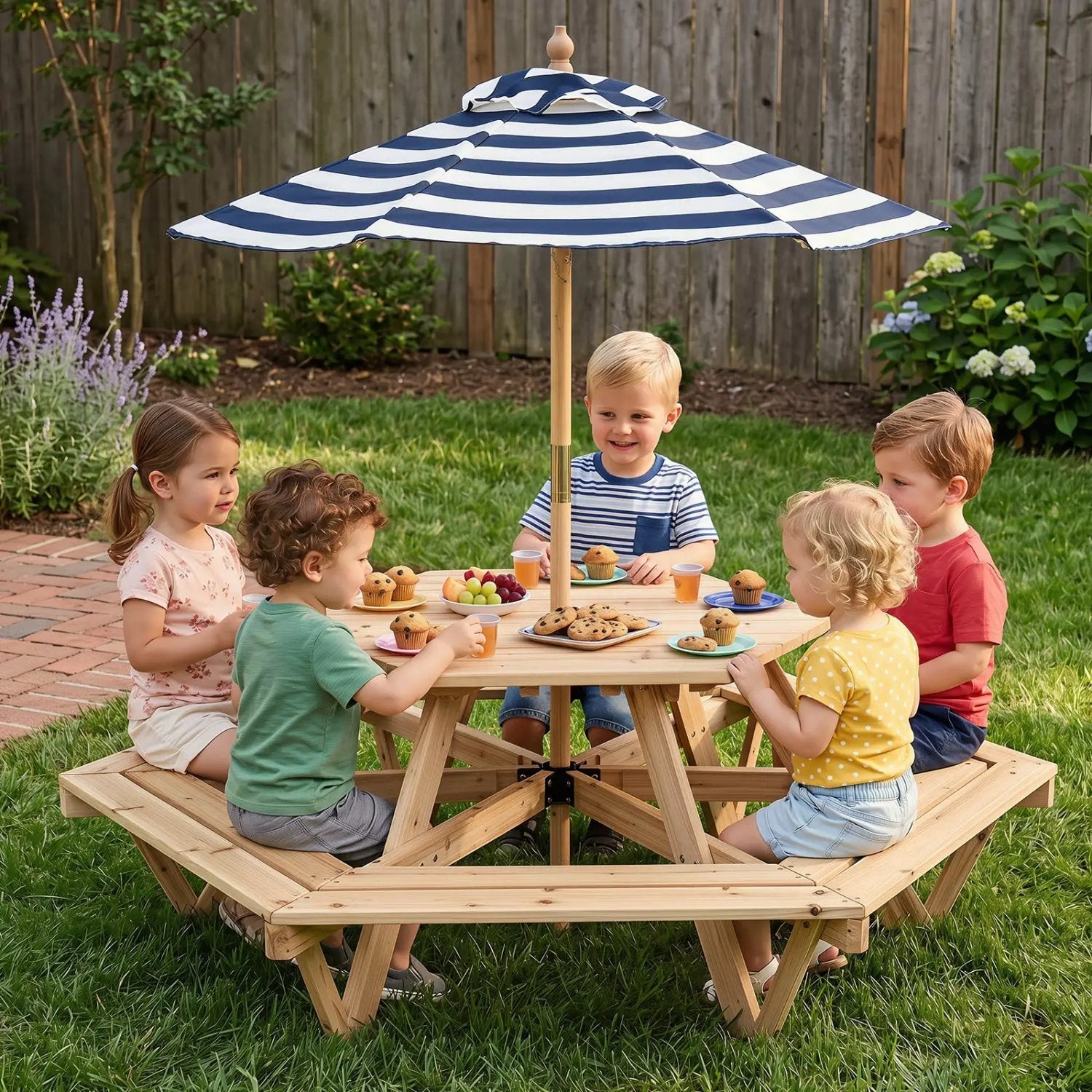 Kids Hexagonal Picnic Table with Umbrella and 6 Benches by DirectDeals