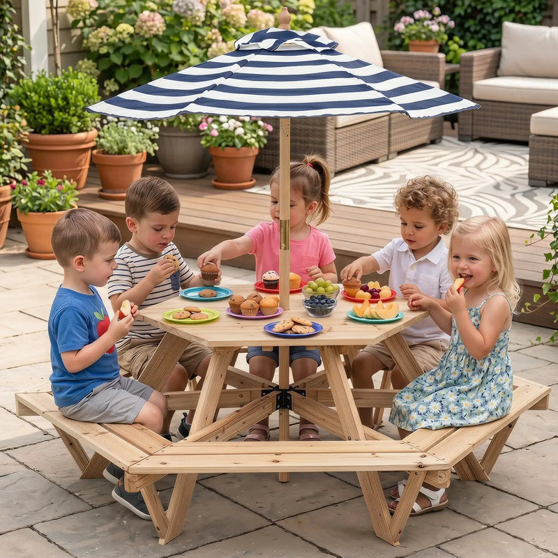 Kids Hexagonal Picnic Table with Umbrella and 6 Benches by DirectDeals