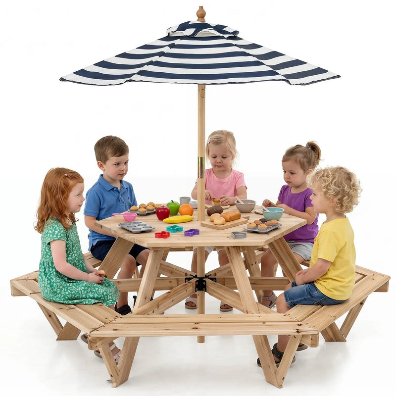 Kids Hexagonal Picnic Table with Umbrella and 6 Benches by DirectDeals