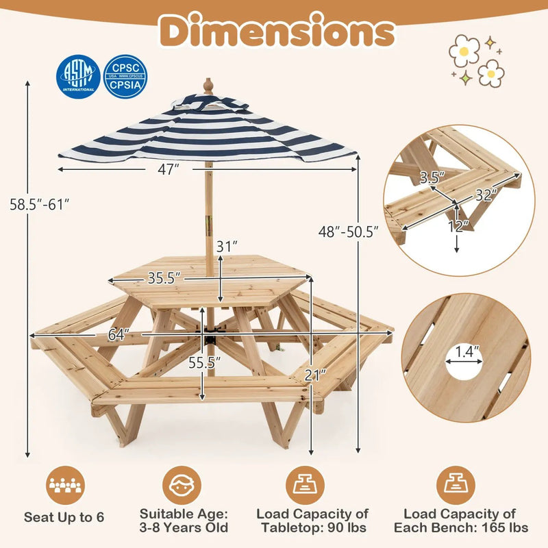 Kids Hexagonal Picnic Table with Umbrella and 6 Benches by DirectDeals