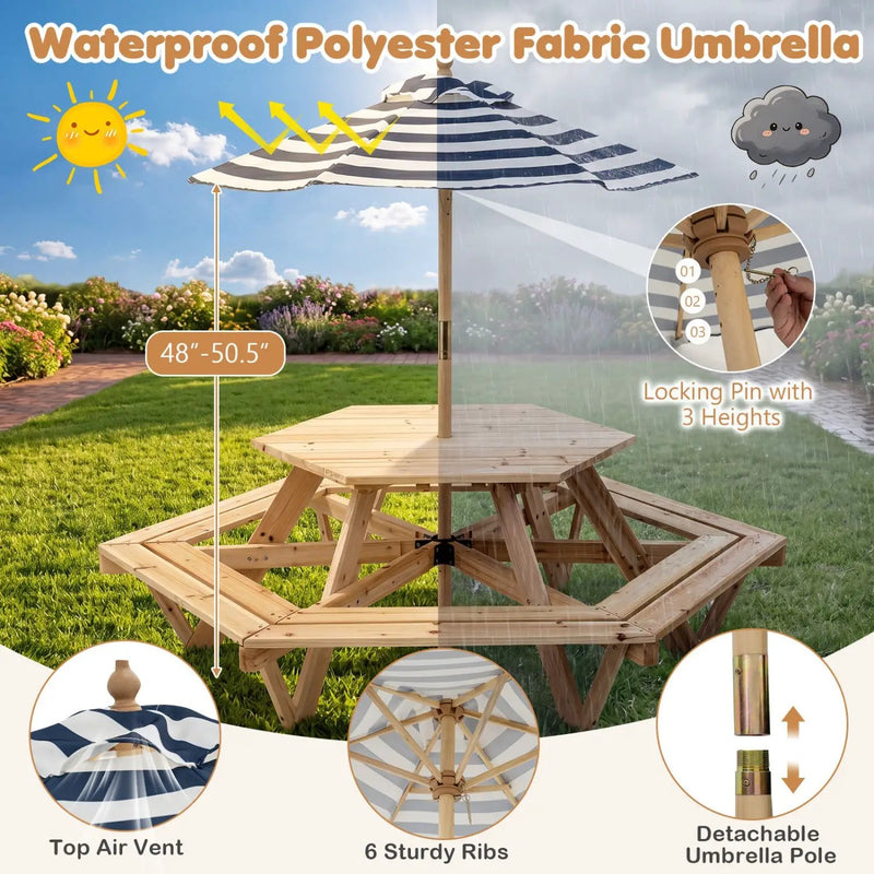 Kids Hexagonal Picnic Table with Umbrella and 6 Benches by DirectDeals
