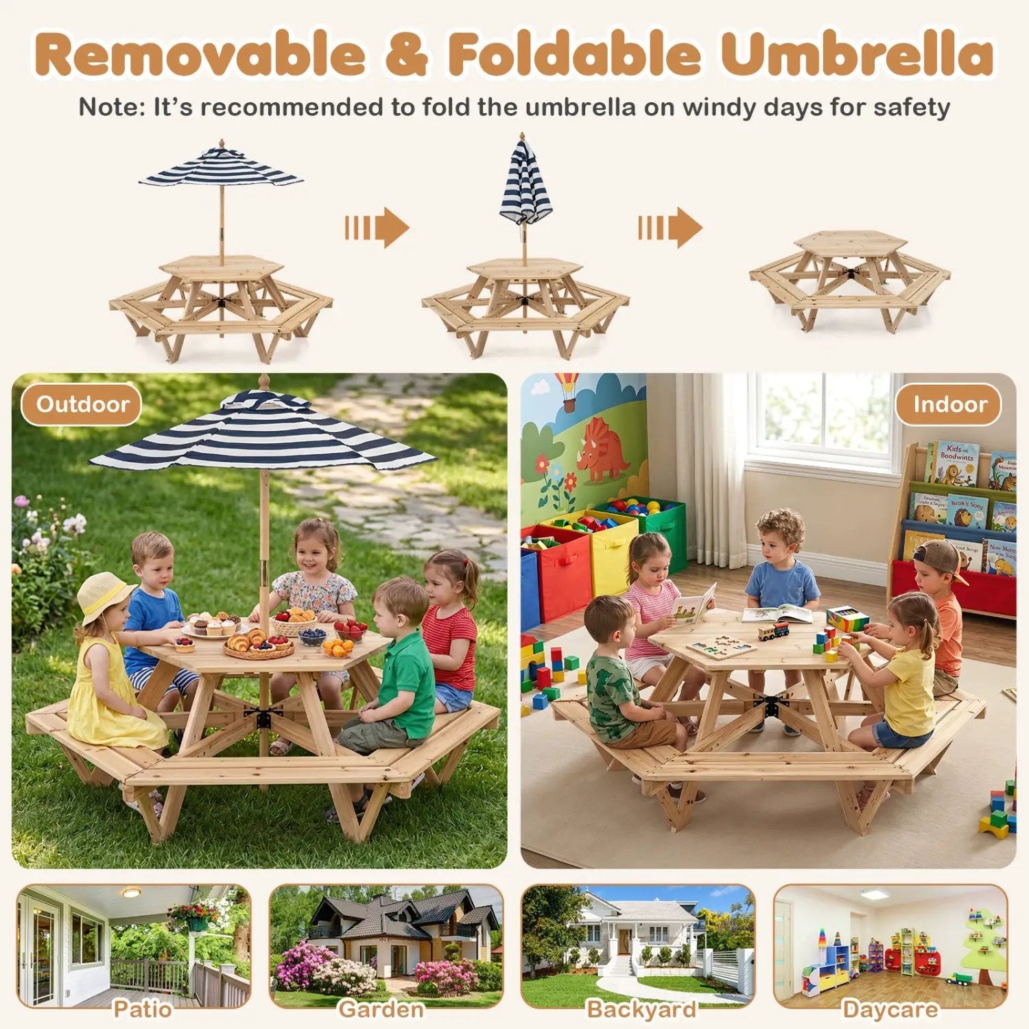 Kids Hexagonal Picnic Table with Umbrella and 6 Benches by DirectDeals