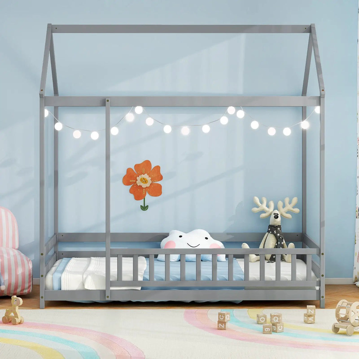 Twin Size Kids House Bed Wooden Floor Bed with Roof and Full-length Safety Guardrail by DirectDeals