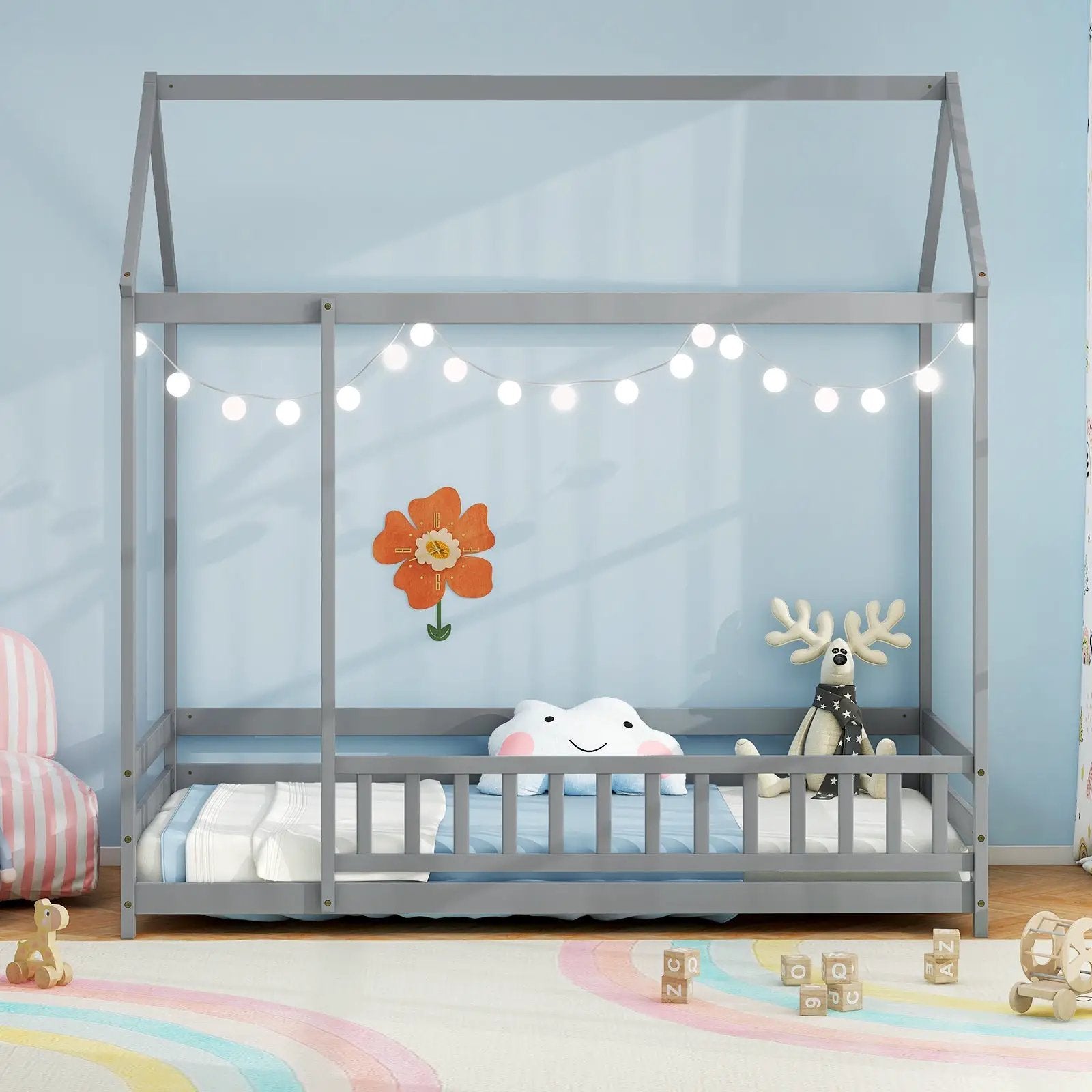 Twin Size Kids House Bed Wooden Floor Bed with Roof and Full-length Safety Guardrail by DirectDeals