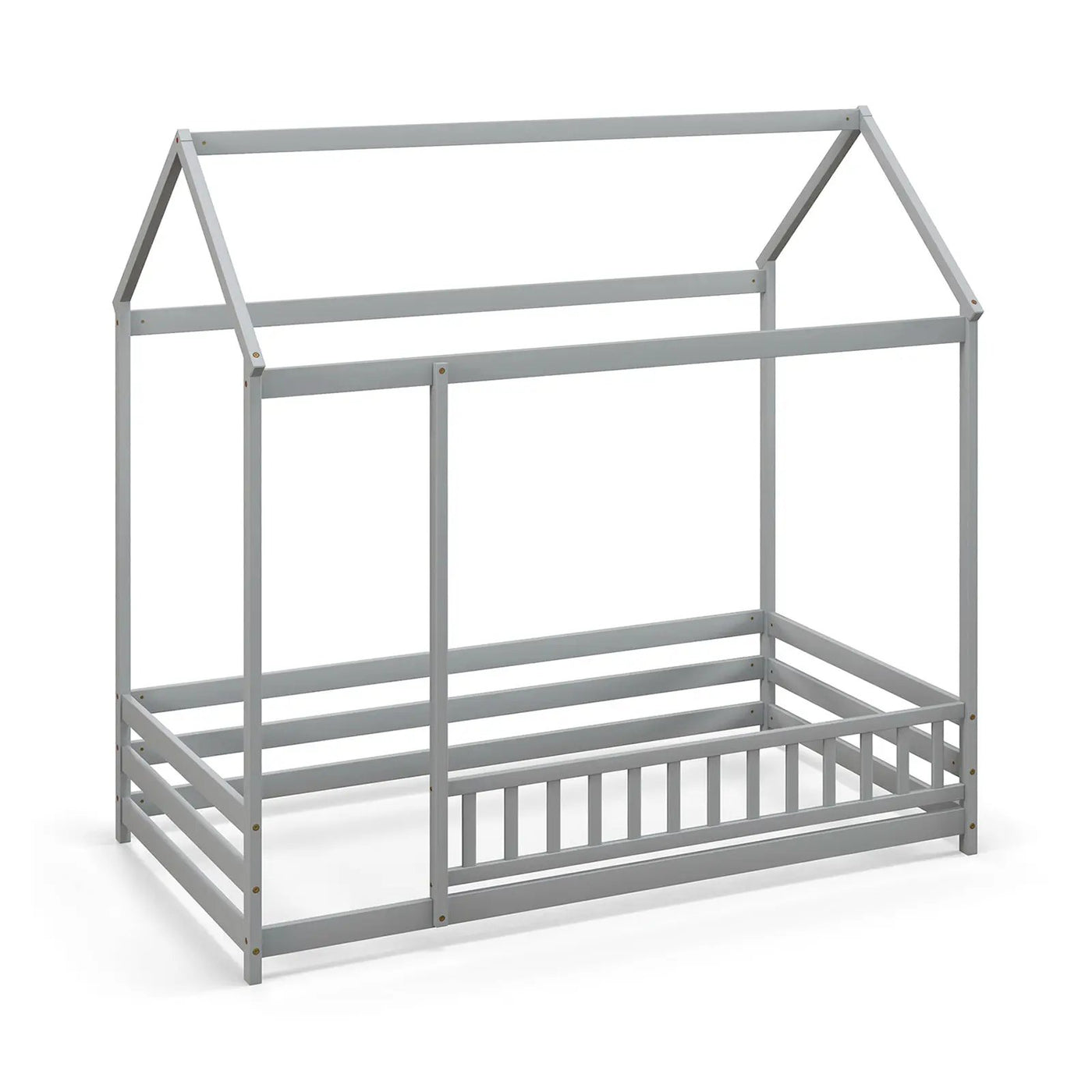 Twin Size Kids House Bed Wooden Floor Bed with Roof and Full-length Safety Guardrail by DirectDeals