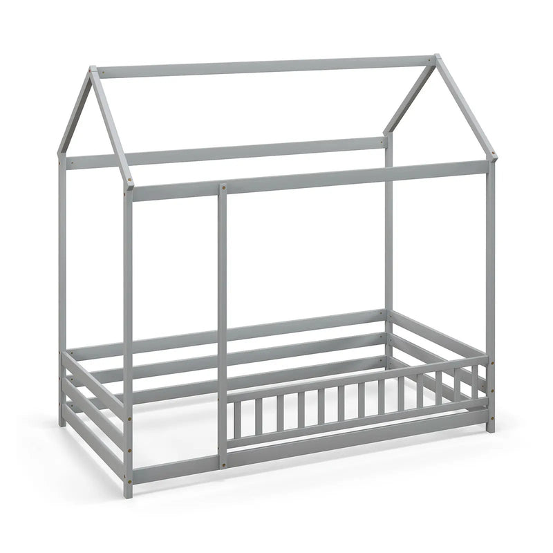 Twin Size Kids House Bed Wooden Floor Bed with Roof and Full-length Safety Guardrail by DirectDeals