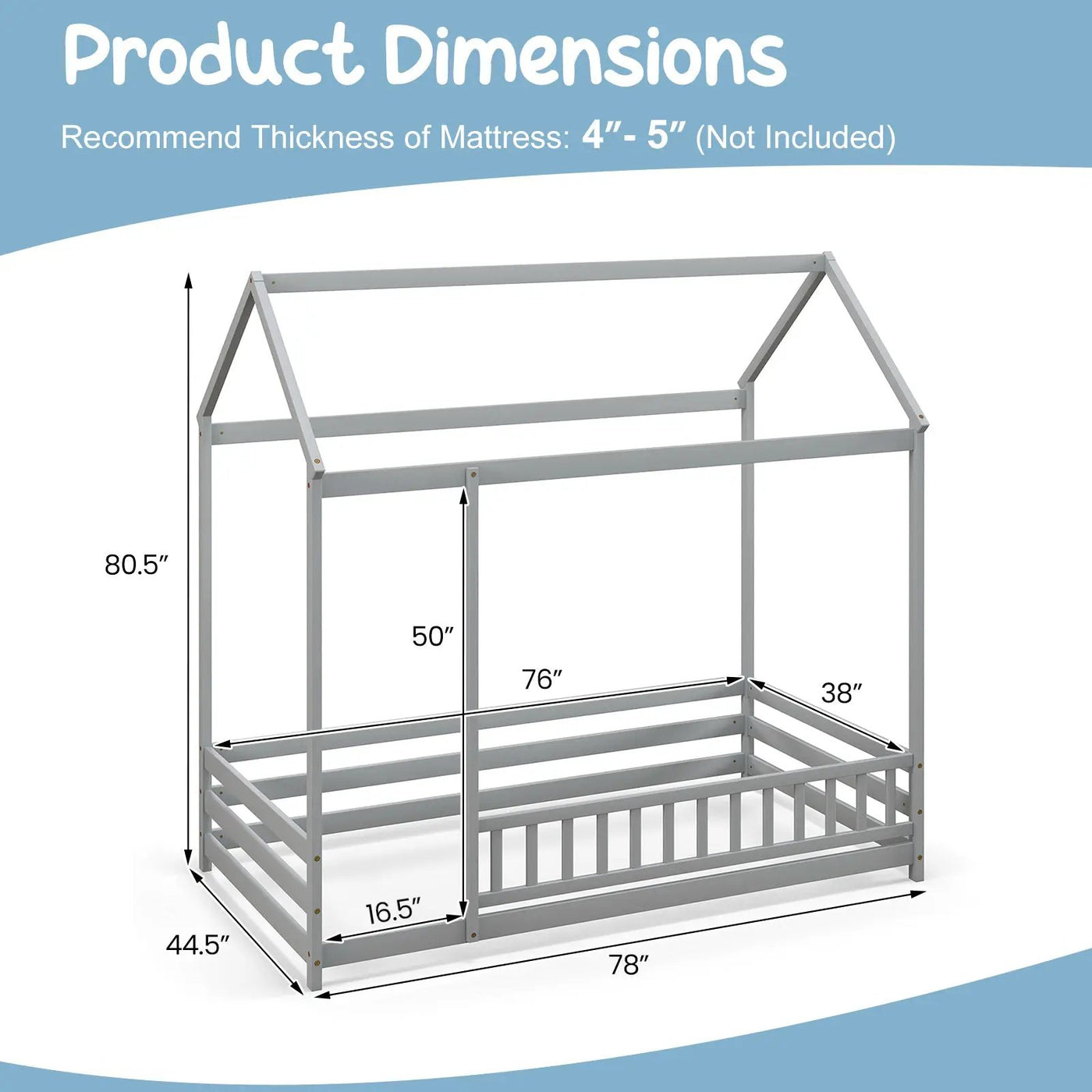 Twin Size Kids House Bed Wooden Floor Bed with Roof and Full-length Safety Guardrail by DirectDeals