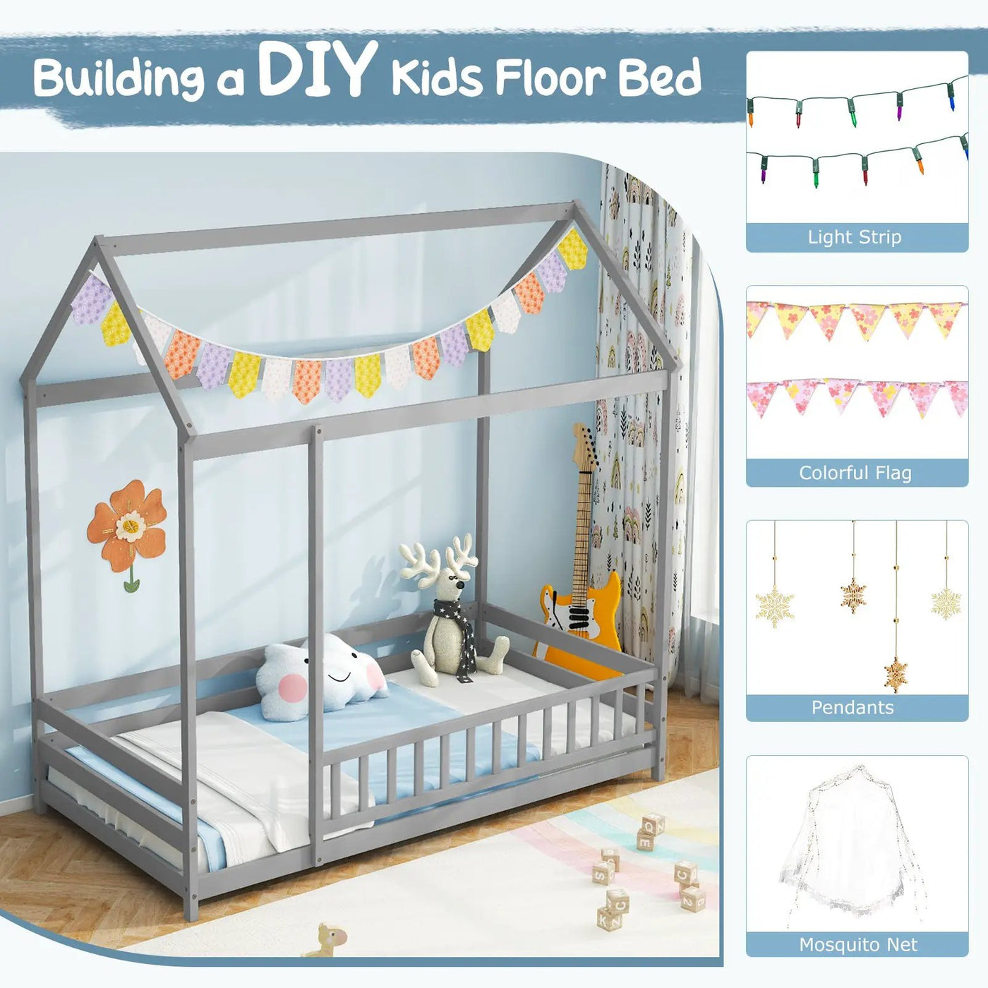 Twin Size Kids House Bed Wooden Floor Bed with Roof and Full-length Safety Guardrail by DirectDeals