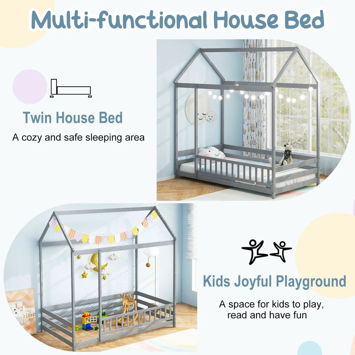 Twin Size Kids House Bed Wooden Floor Bed with Roof and Full-length Safety Guardrail by DirectDeals