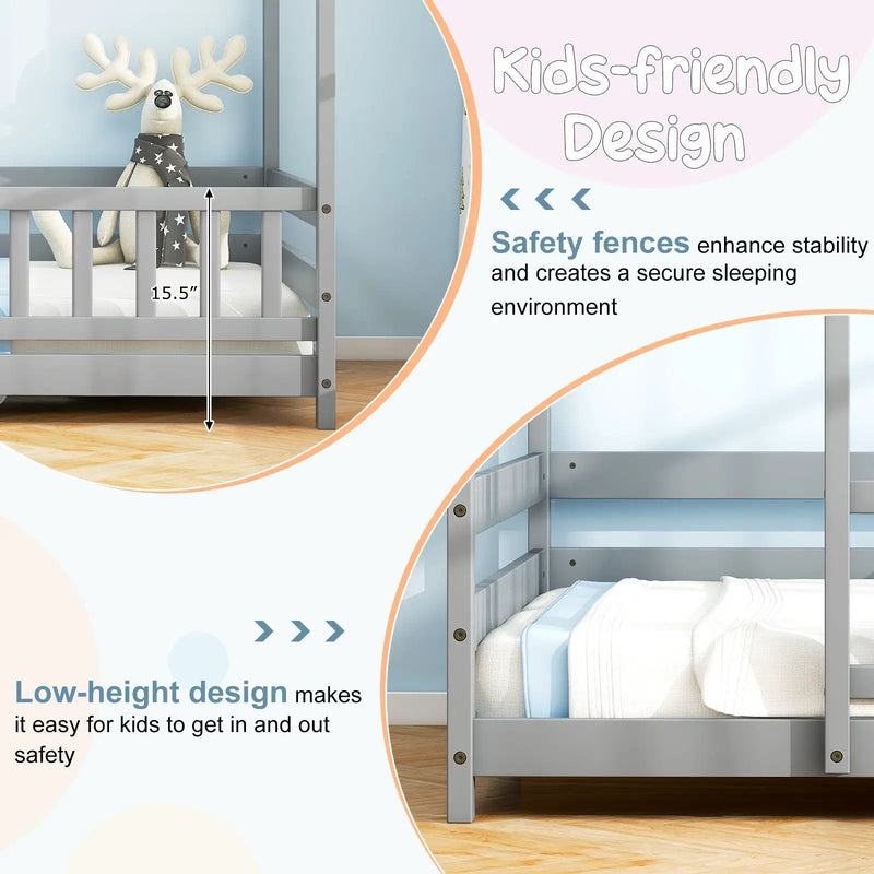 Twin Size Kids House Bed Wooden Floor Bed with Roof and Full-length Safety Guardrail by DirectDeals