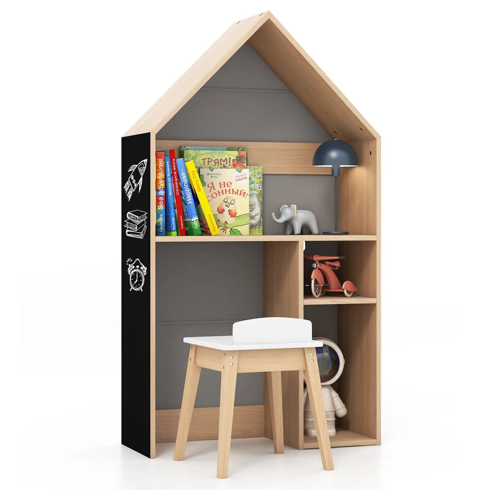 2-in-1 Kids House-Shaped Table and Chair Set-Gray by DirectDeals