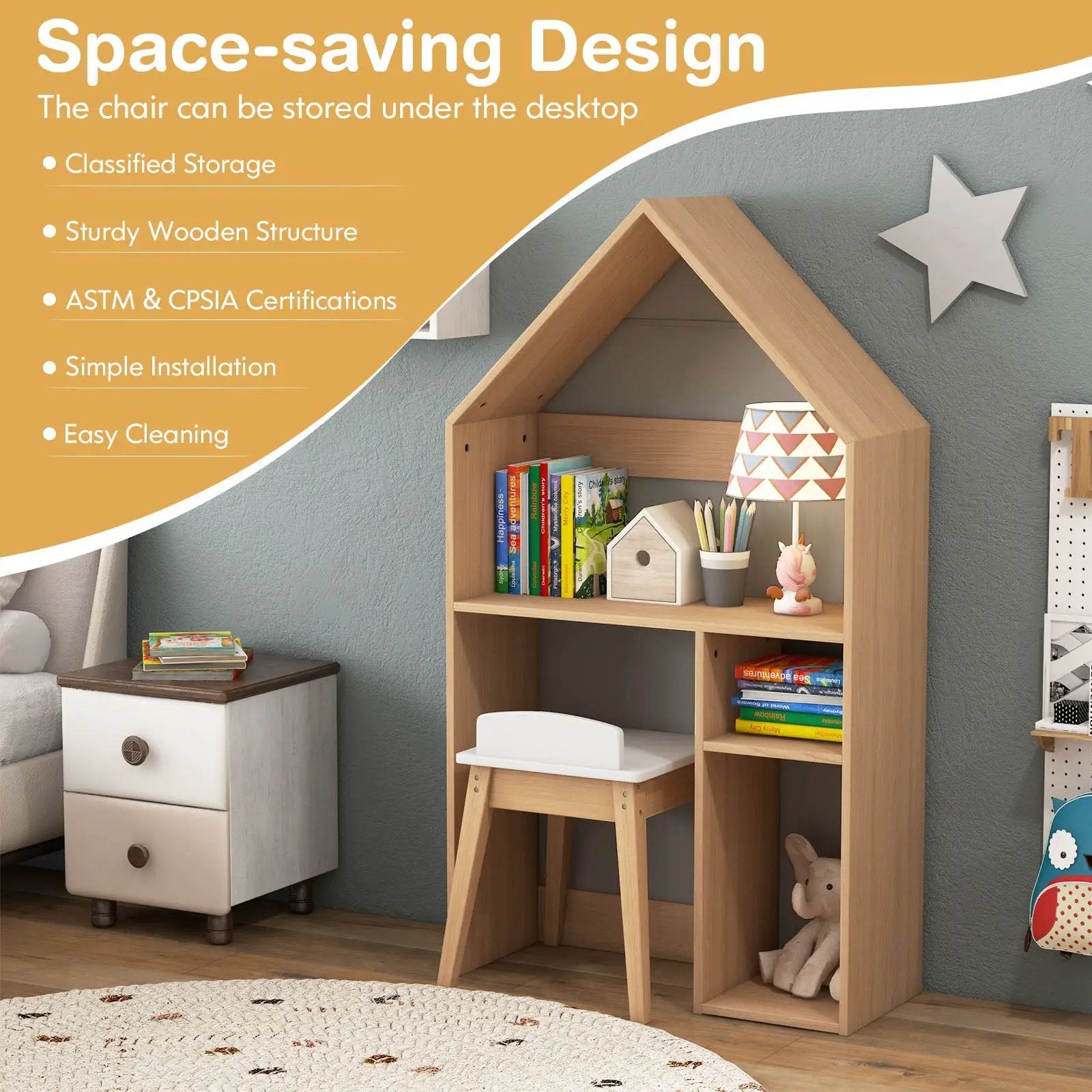 2-in-1 Kids House-Shaped Table and Chair Set-Gray by DirectDeals