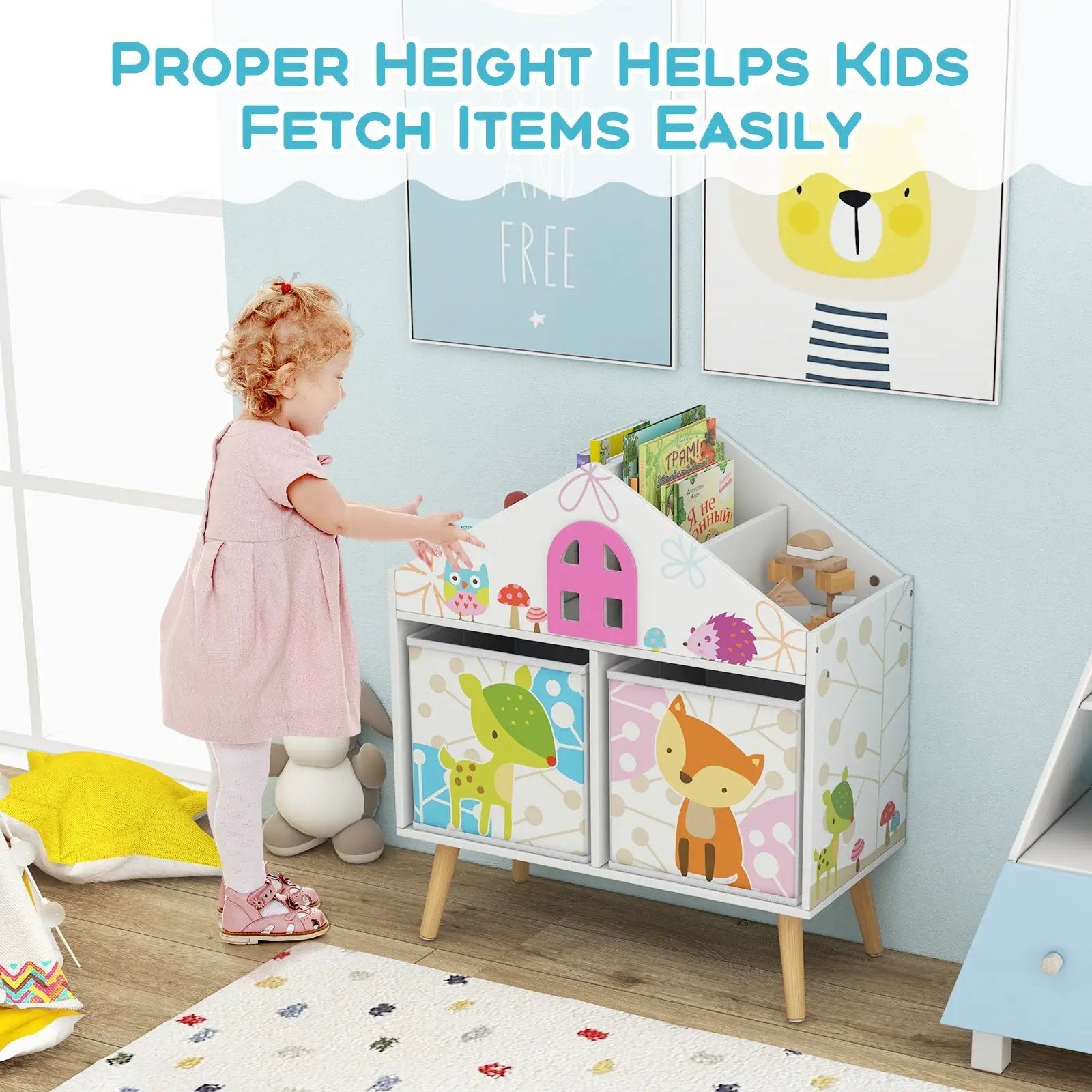 Kids House-shaped Bookshelf with 2 Storage Bins for Kids Room Playroom-White by DirectDeals