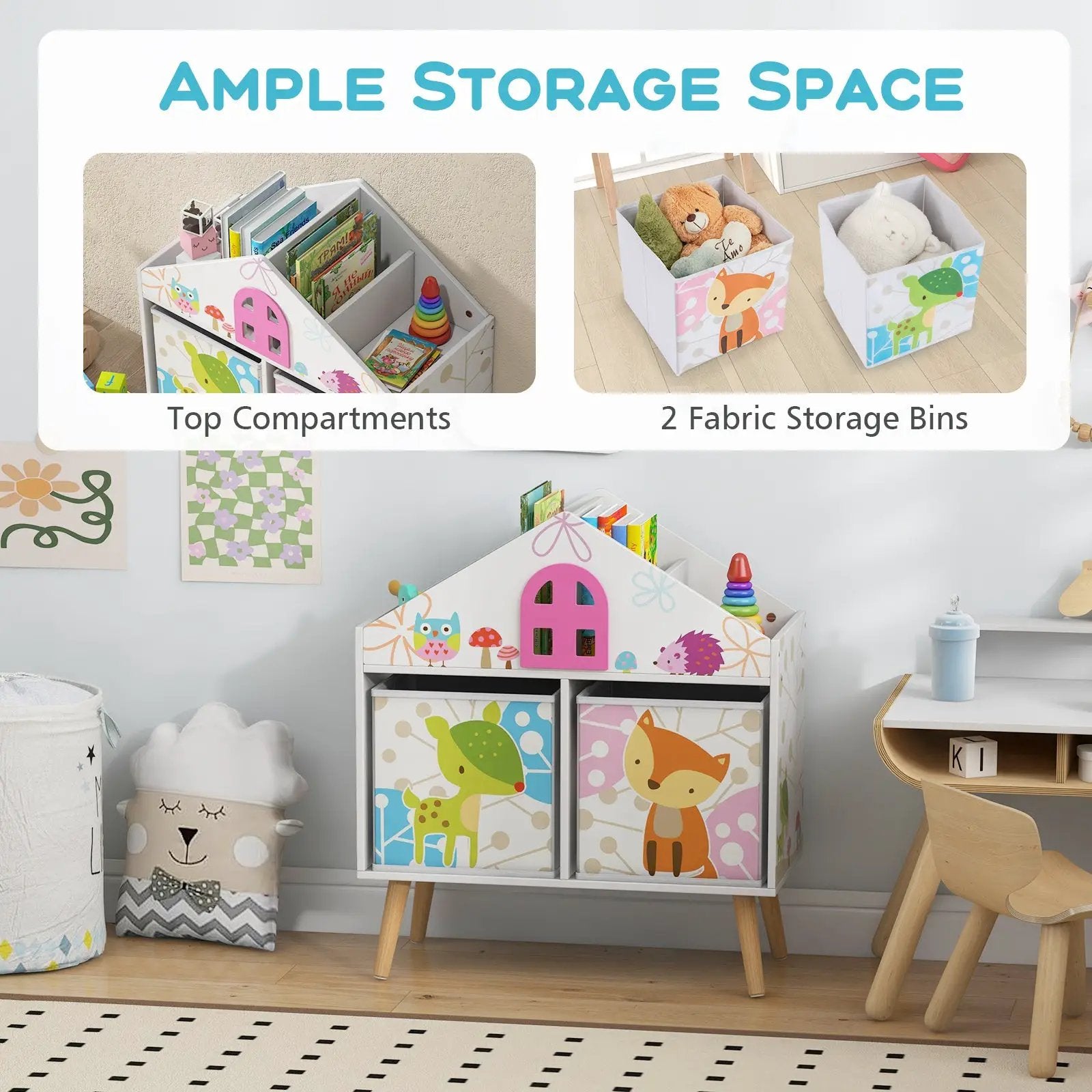 Kids House-shaped Bookshelf with 2 Storage Bins for Kids Room Playroom-White by DirectDeals