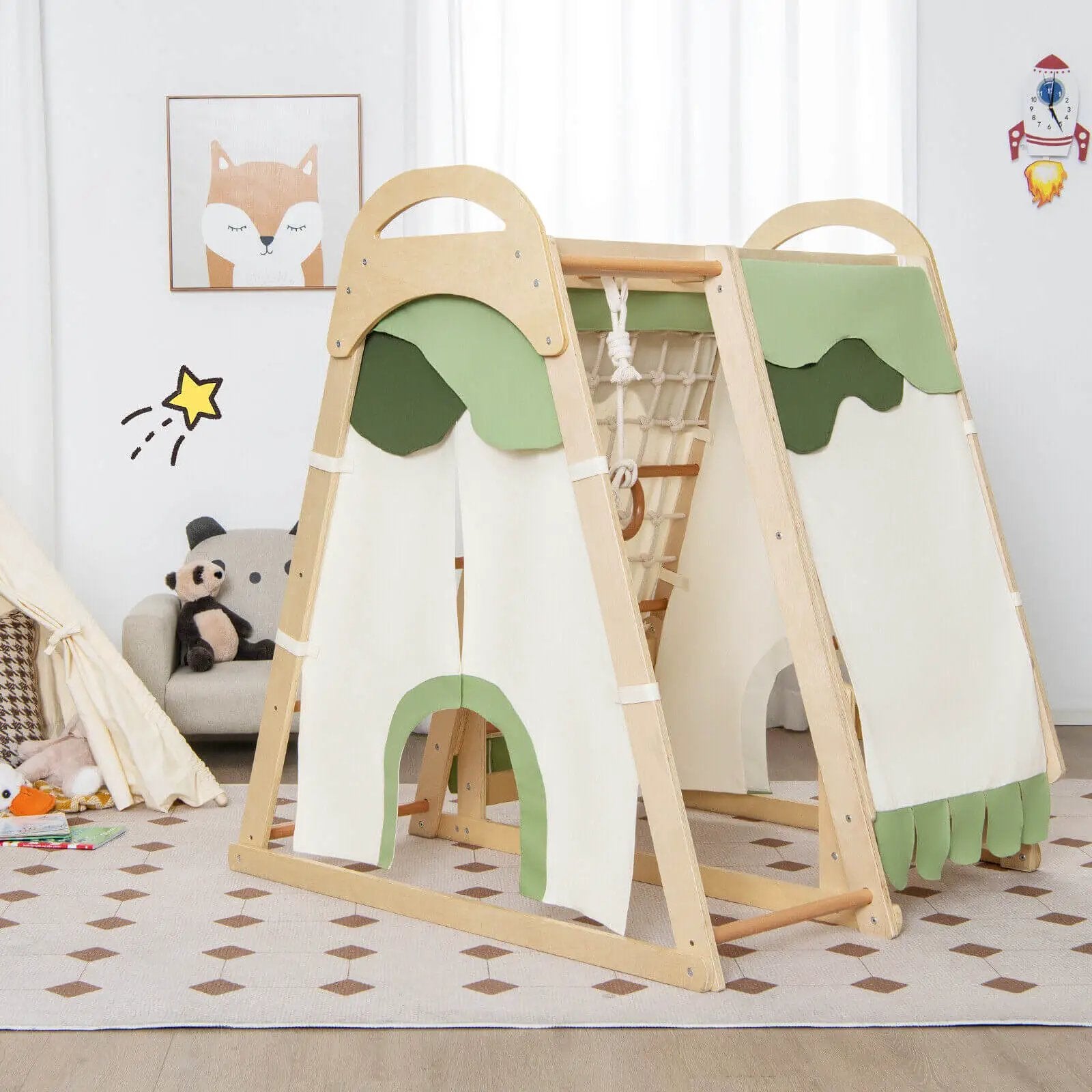 6-in-1 Wooden Kids Jungle Gym Playset with Slide Climbing Net-Natural by DirectDeals
