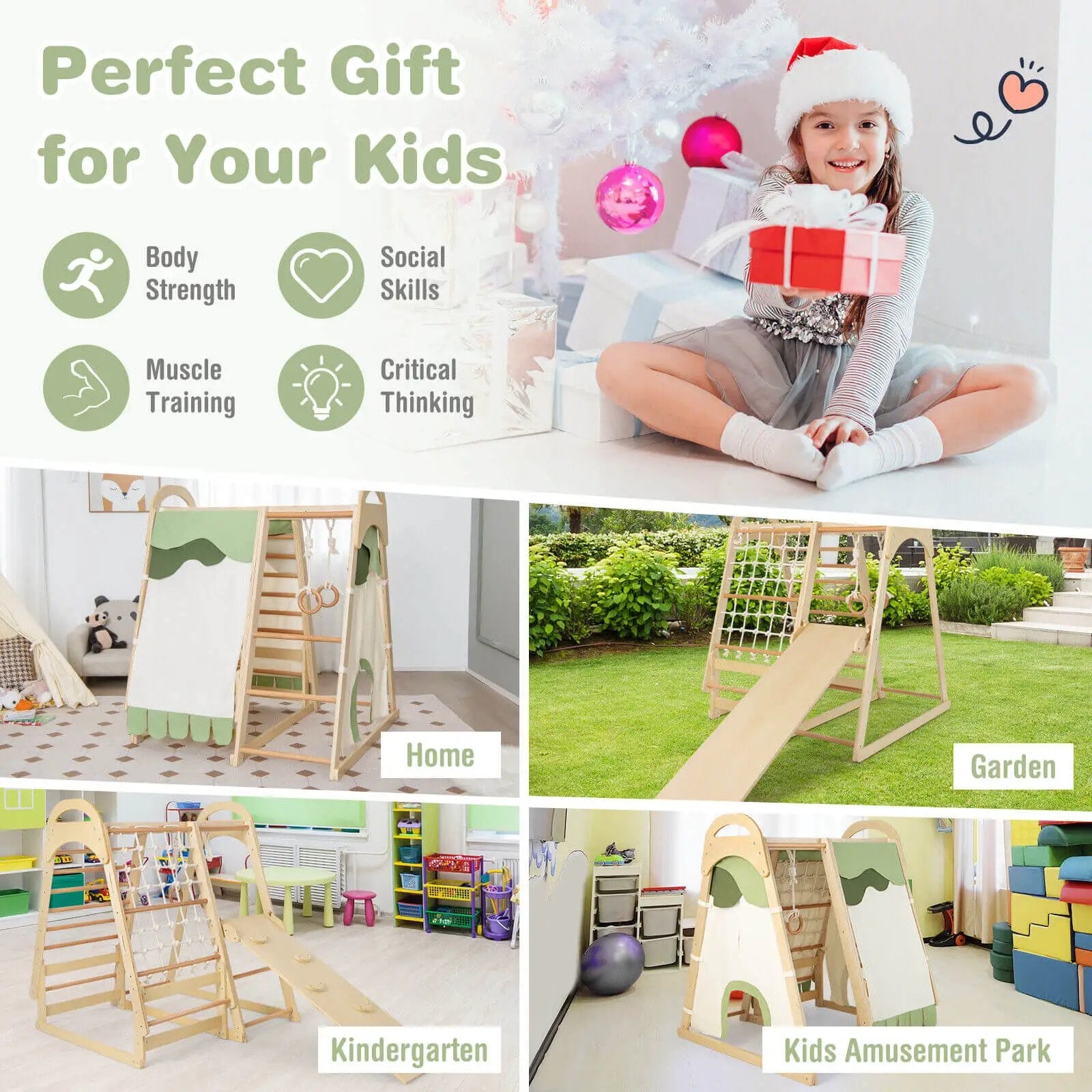 6-in-1 Wooden Kids Jungle Gym Playset with Slide Climbing Net-Natural by DirectDeals