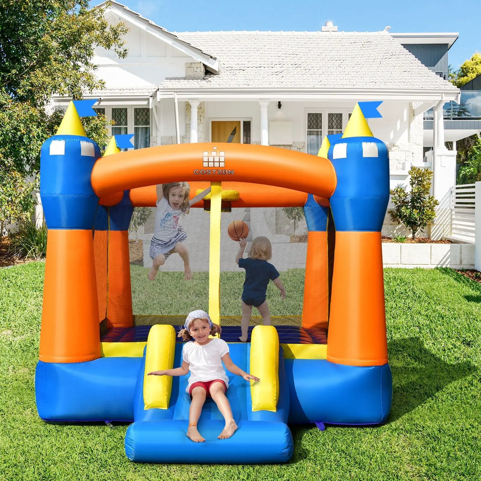 Kids Inflatable Bounce House Magic Castle with Large Jumping Area with 735W Blower by DirectDeals