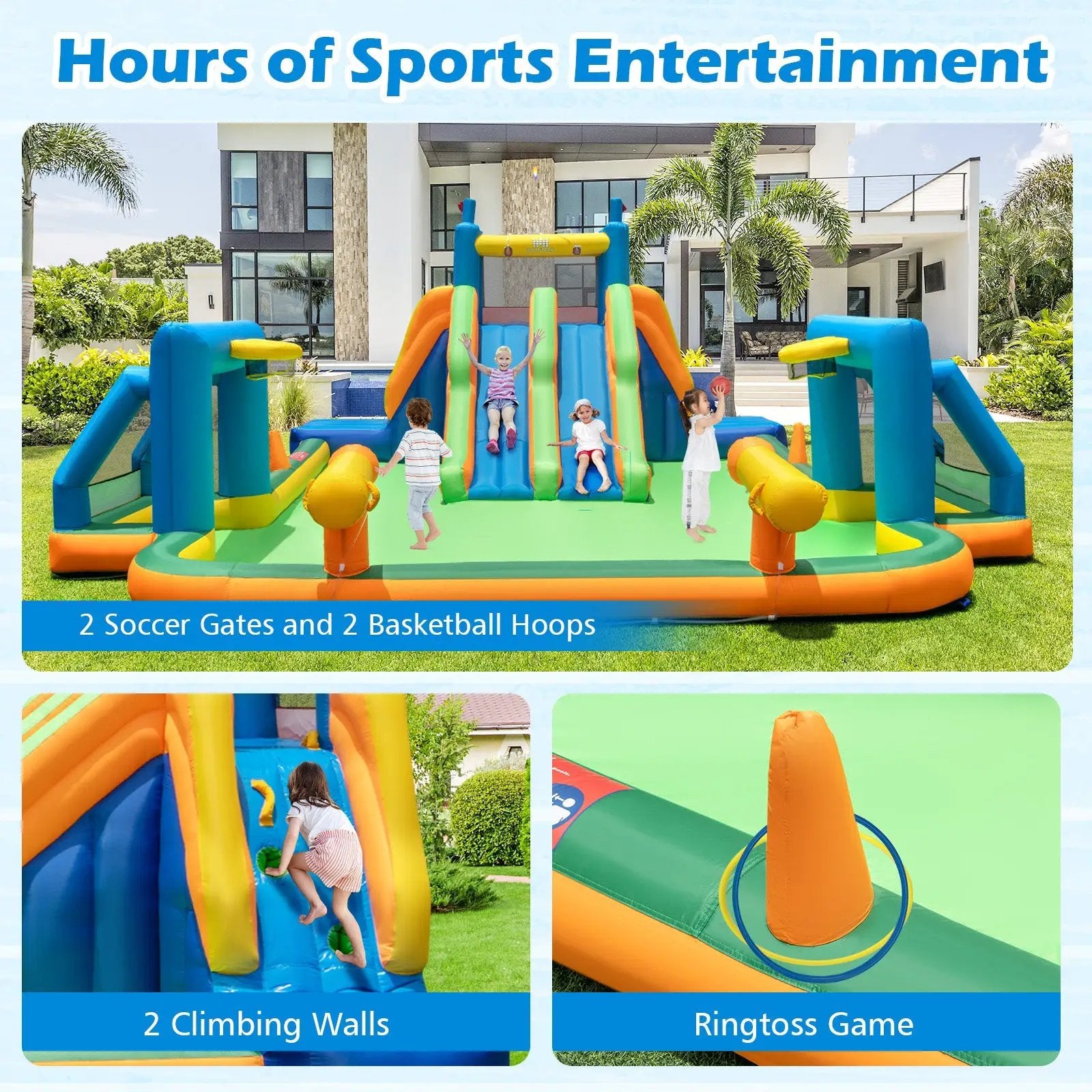 Kids Inflatable Water Slide with 2 Long Slides and 2 Soccer Gates with 1100W Blower by DirectDeals