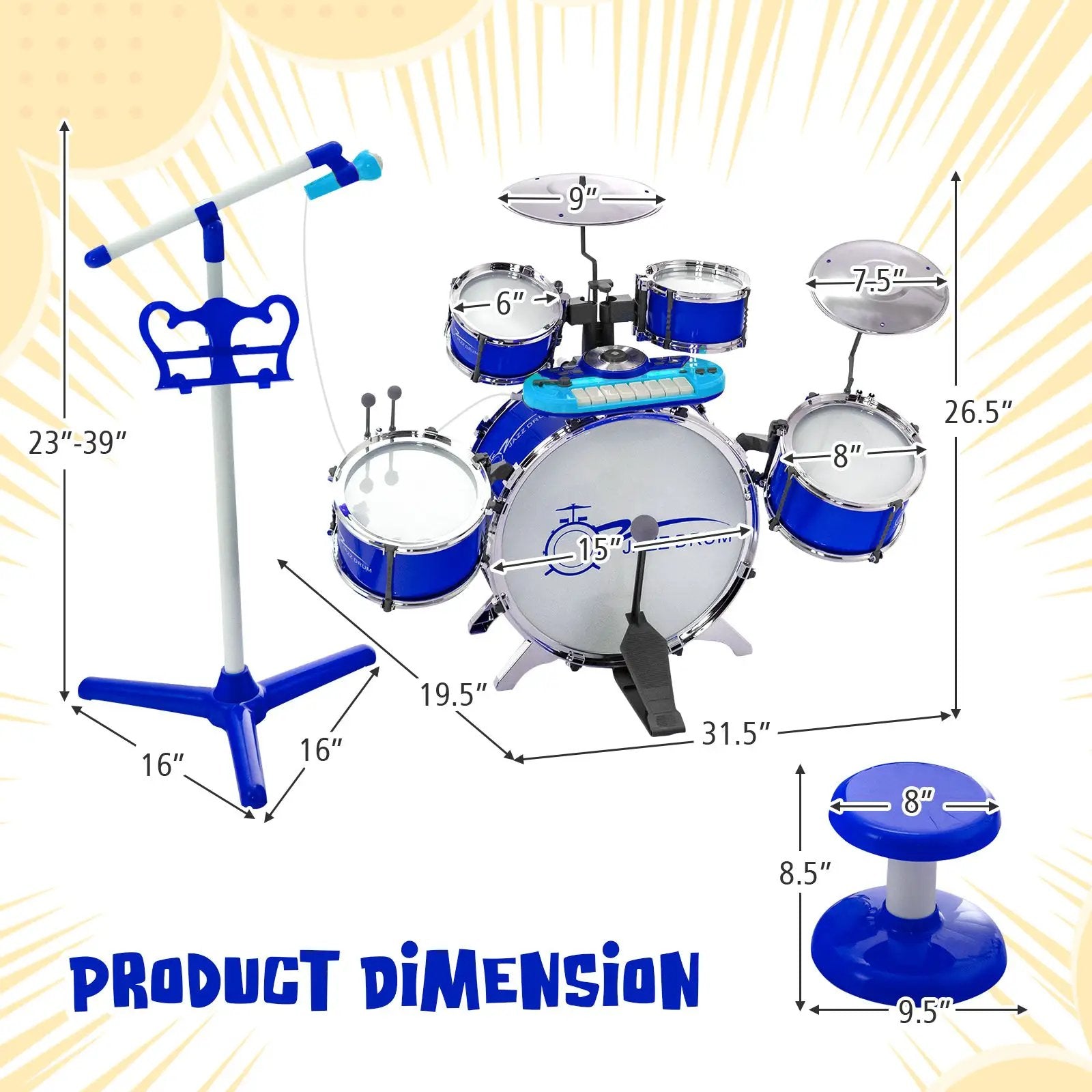 Kids Jazz Drum Keyboard Set with Stool and Microphone Stand by DirectDeals