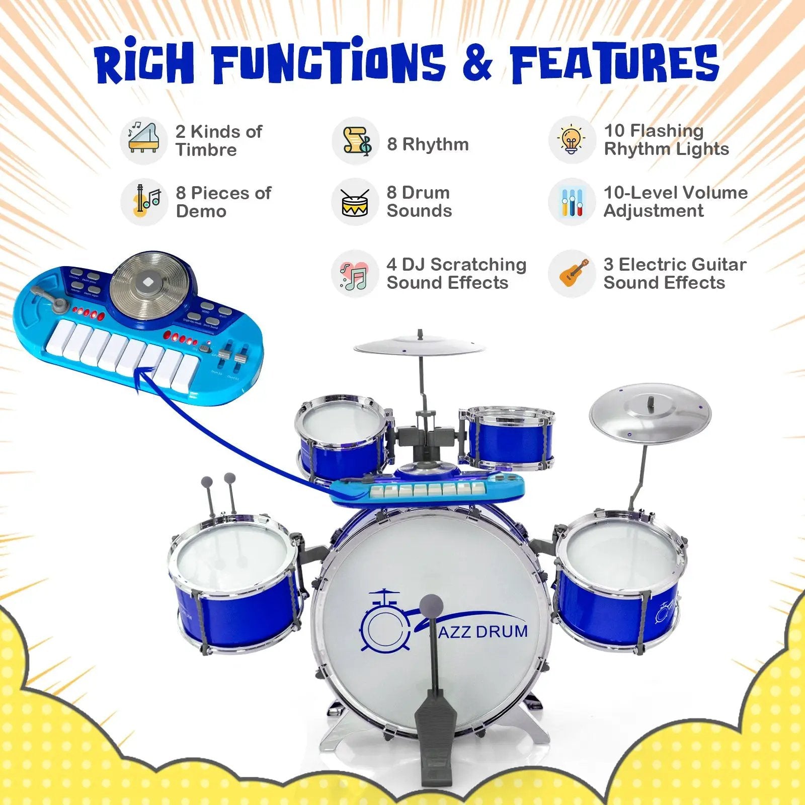Kids Jazz Drum Keyboard Set with Stool and Microphone Stand by DirectDeals