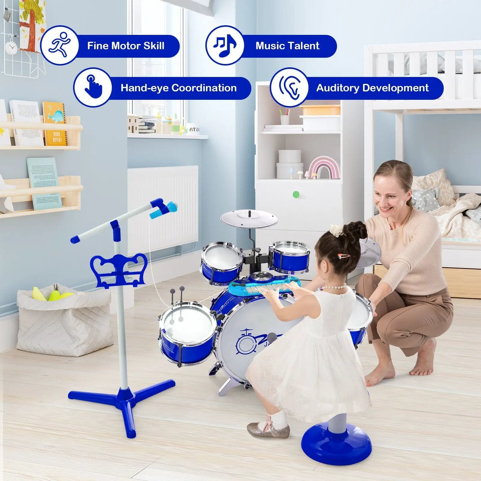 Kids Jazz Drum Keyboard Set with Stool and Microphone Stand by DirectDeals