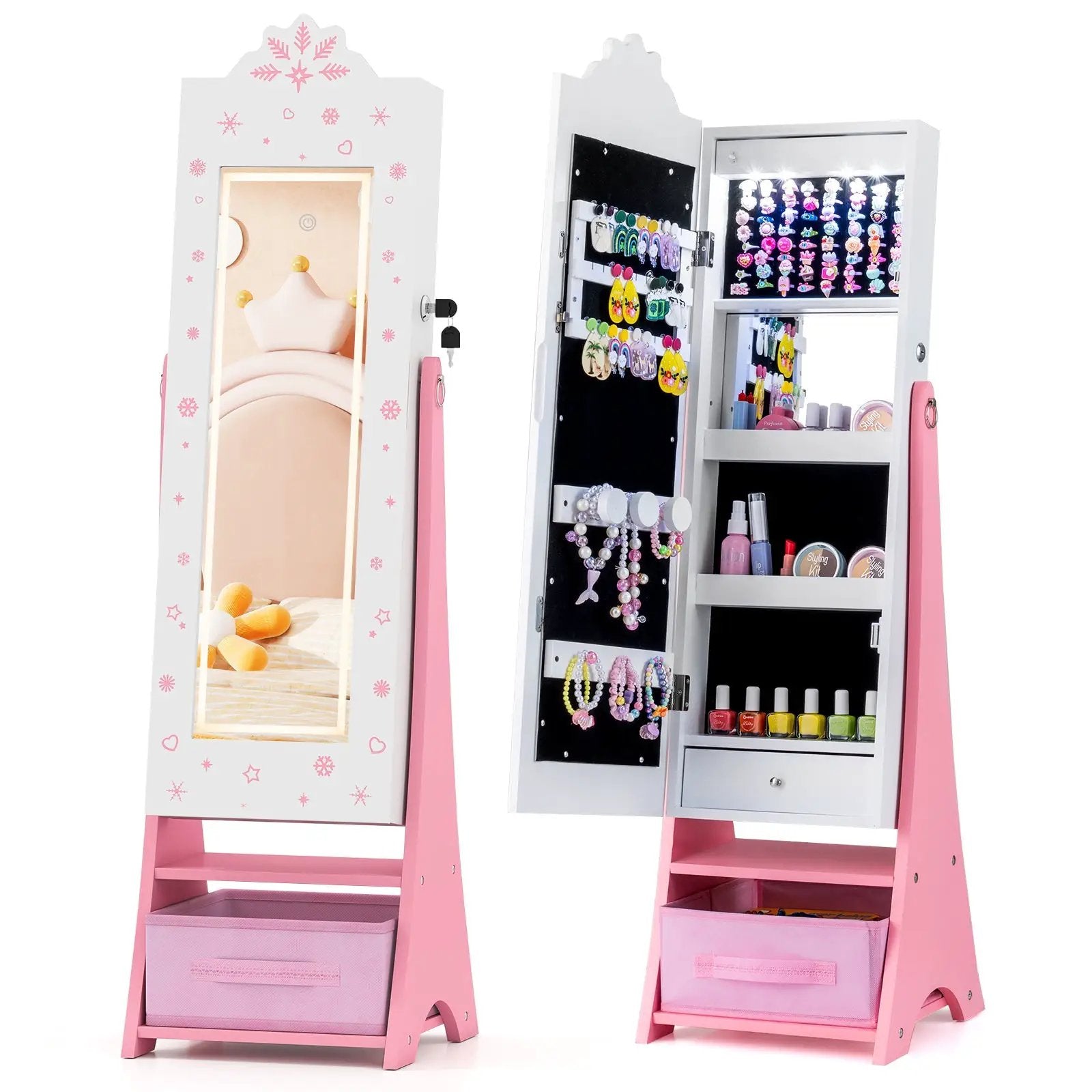 Kids Jewelry Armoire Freestanding Jewelry Cabinet with 3-Color Lighted Full Length Mirror by DirectDeals