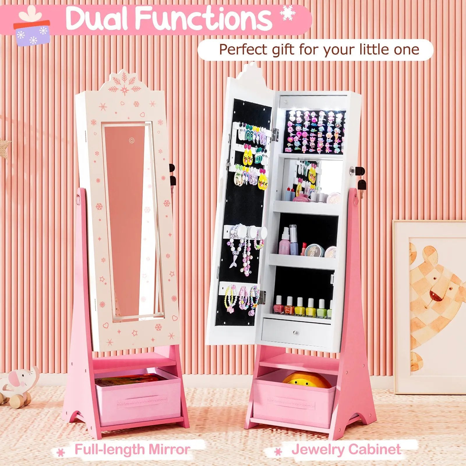 Kids Jewelry Armoire Freestanding Jewelry Cabinet with 3-Color Lighted Full Length Mirror by DirectDeals