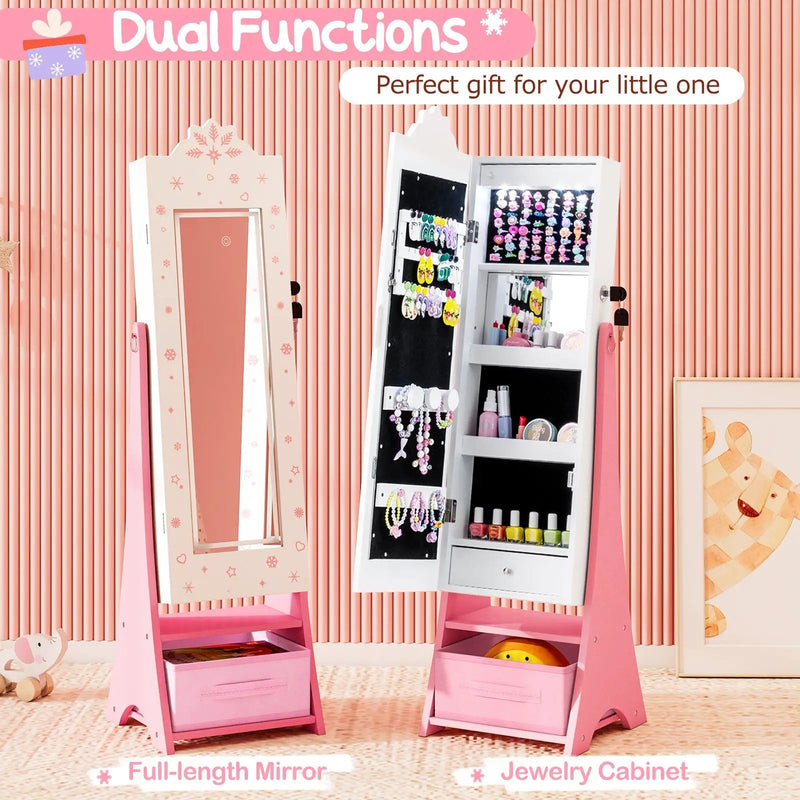 Kids Jewelry Armoire Freestanding Jewelry Cabinet with 3-Color Lighted Full Length Mirror by DirectDeals