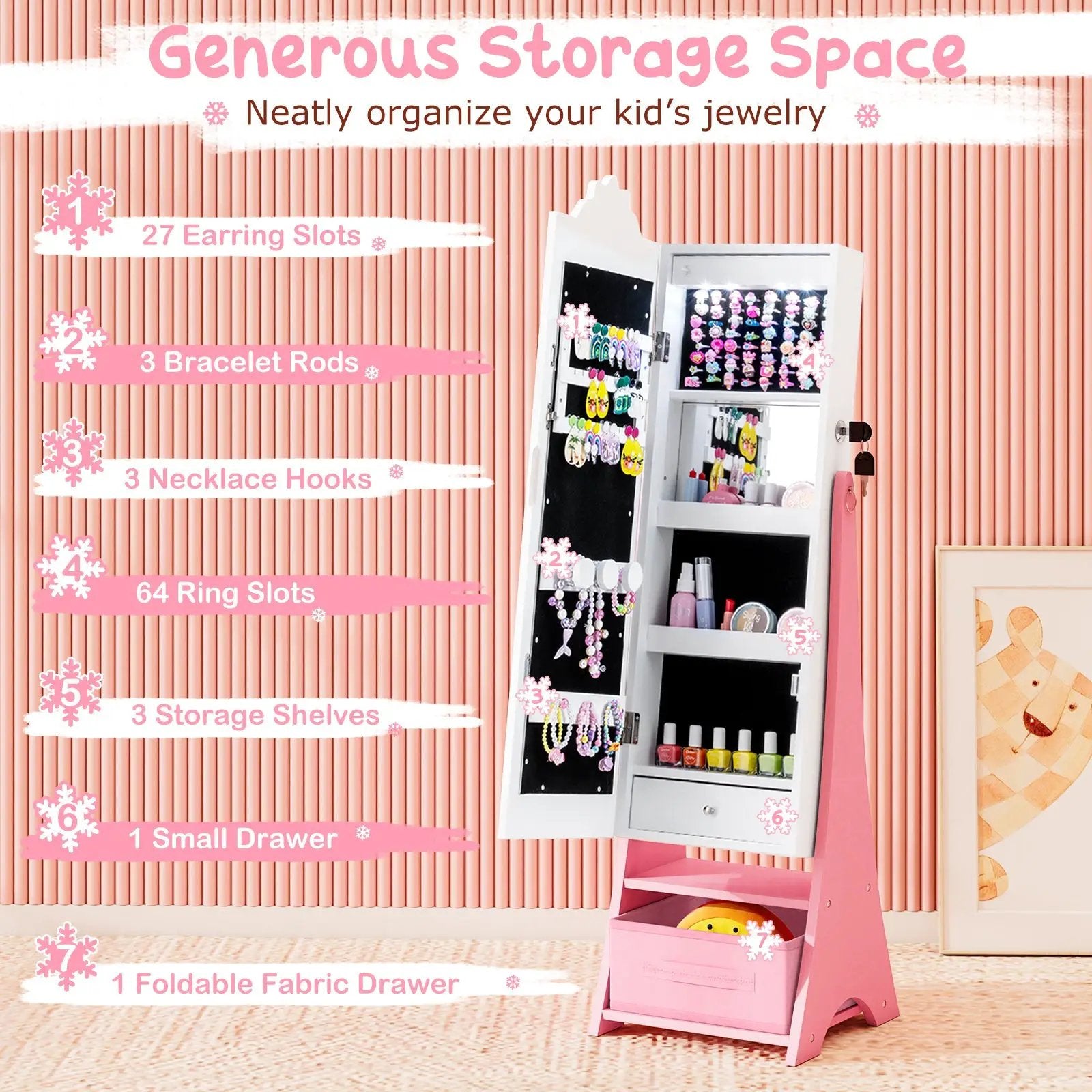 Kids Jewelry Armoire Freestanding Jewelry Cabinet with 3-Color Lighted Full Length Mirror by DirectDeals