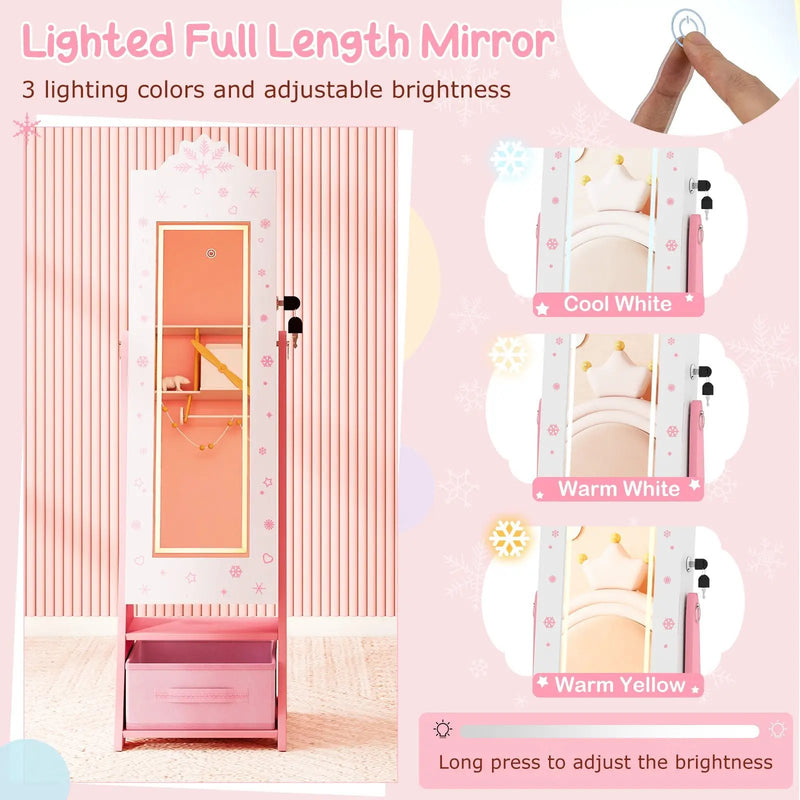 Kids Jewelry Armoire Freestanding Jewelry Cabinet with 3-Color Lighted Full Length Mirror by DirectDeals