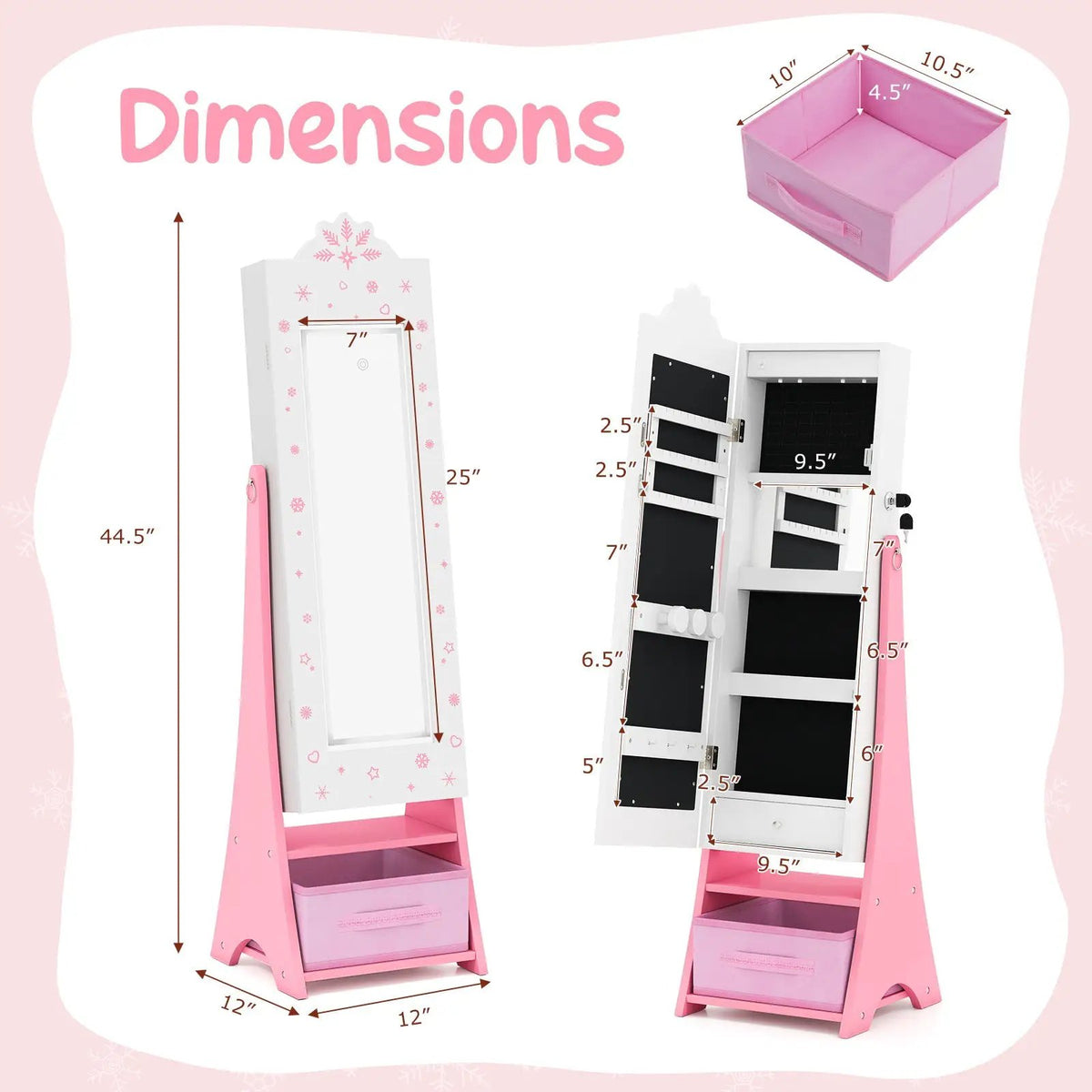 Kids Jewelry Armoire Freestanding Jewelry Cabinet with 3-Color Lighted Full Length Mirror by DirectDeals