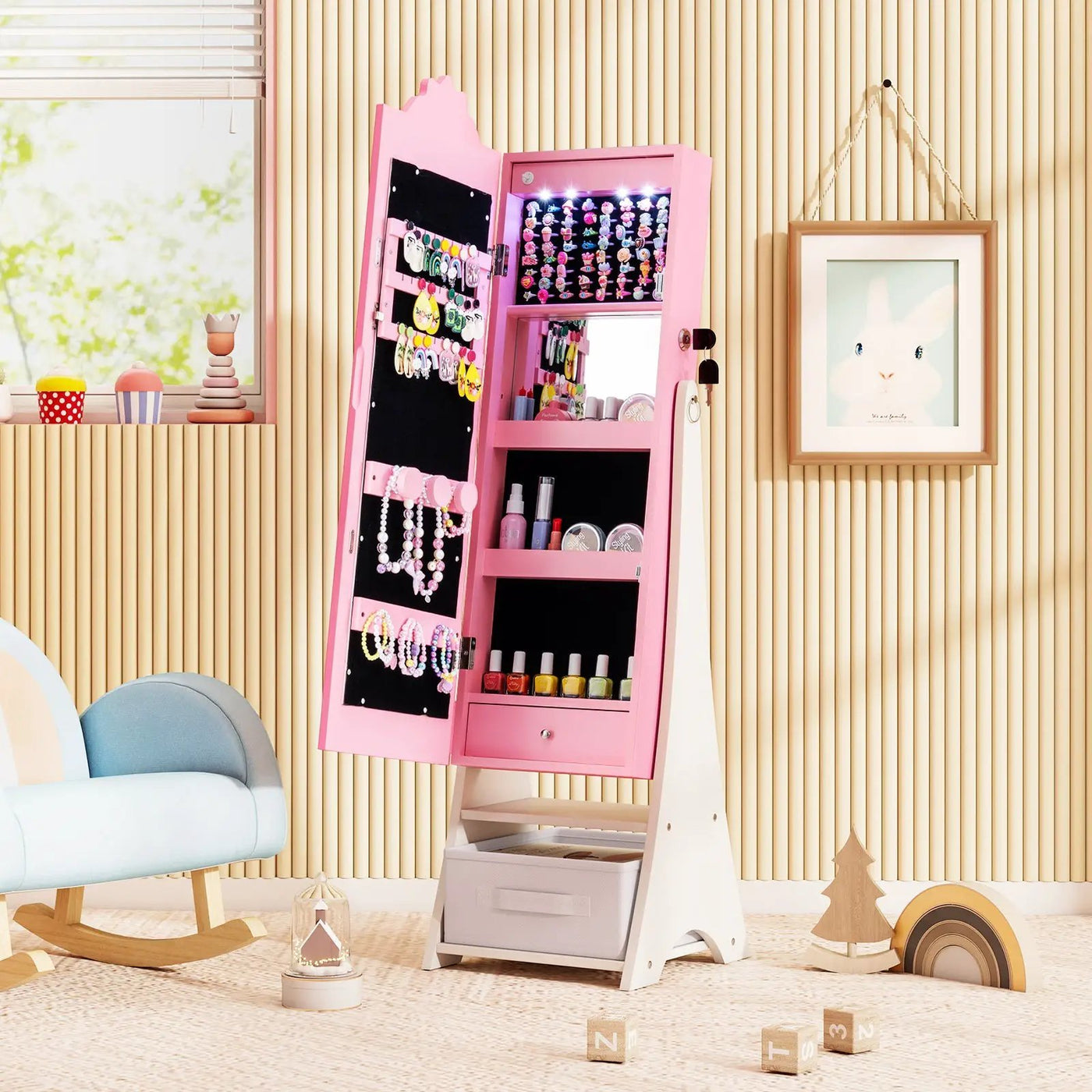 Kids Jewelry Armoire Freestanding Jewelry Cabinet with 3-Color Lighted Full Length Mirror by DirectDeals