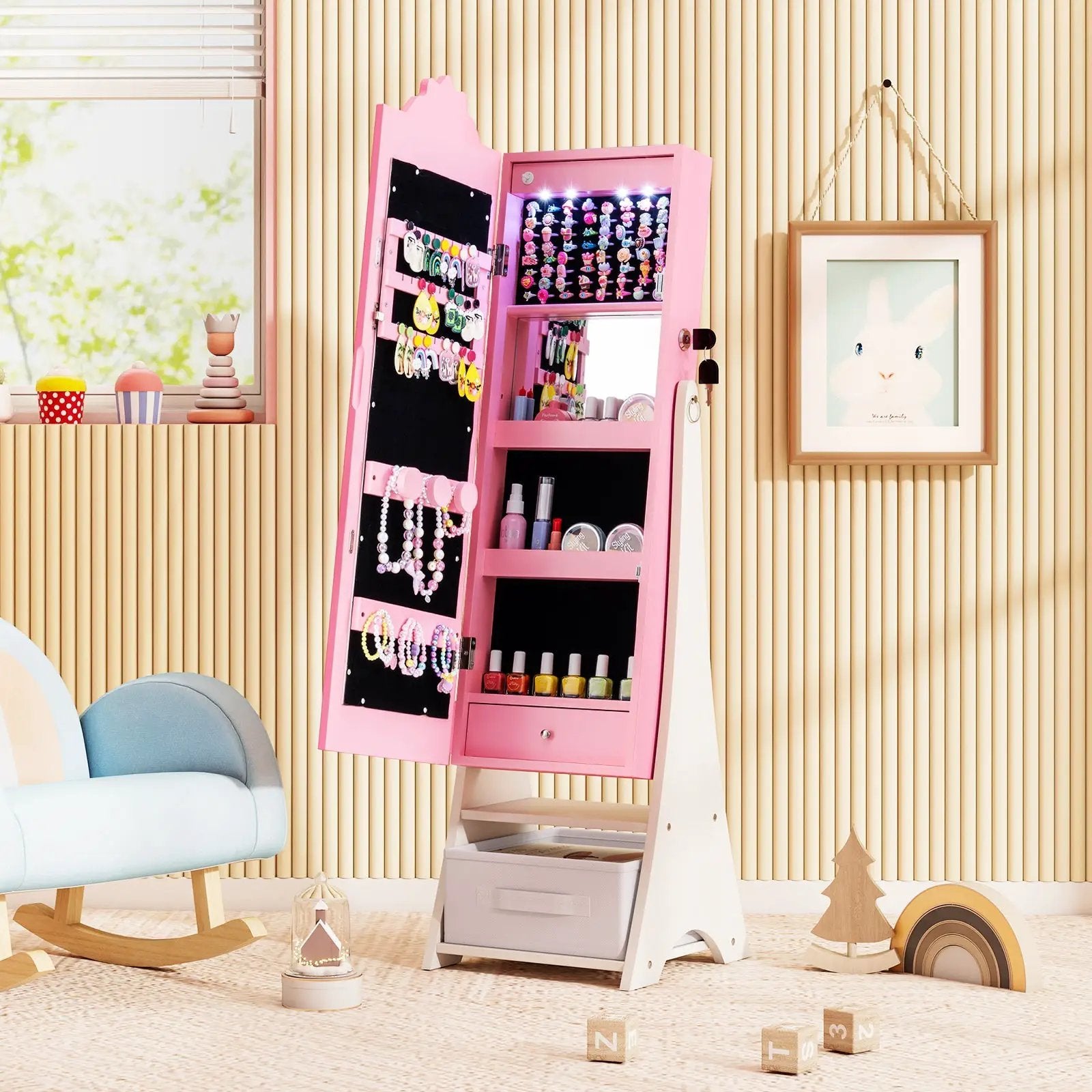 Kids Jewelry Armoire Freestanding Jewelry Cabinet with 3-Color Lighted Full Length Mirror by DirectDeals