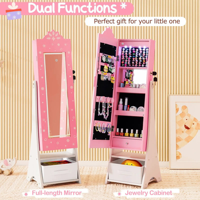 Kids Jewelry Armoire Freestanding Jewelry Cabinet with 3-Color Lighted Full Length Mirror by DirectDeals