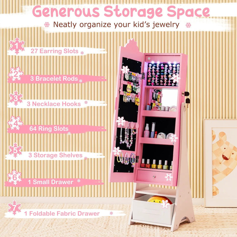 Kids Jewelry Armoire Freestanding Jewelry Cabinet with 3-Color Lighted Full Length Mirror by DirectDeals