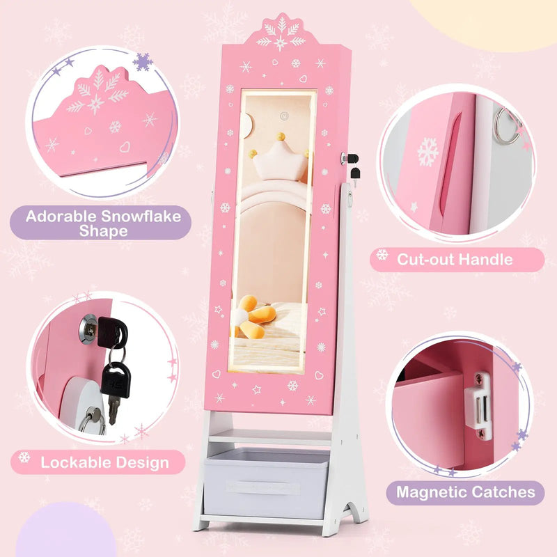 Kids Jewelry Armoire Freestanding Jewelry Cabinet with 3-Color Lighted Full Length Mirror by DirectDeals