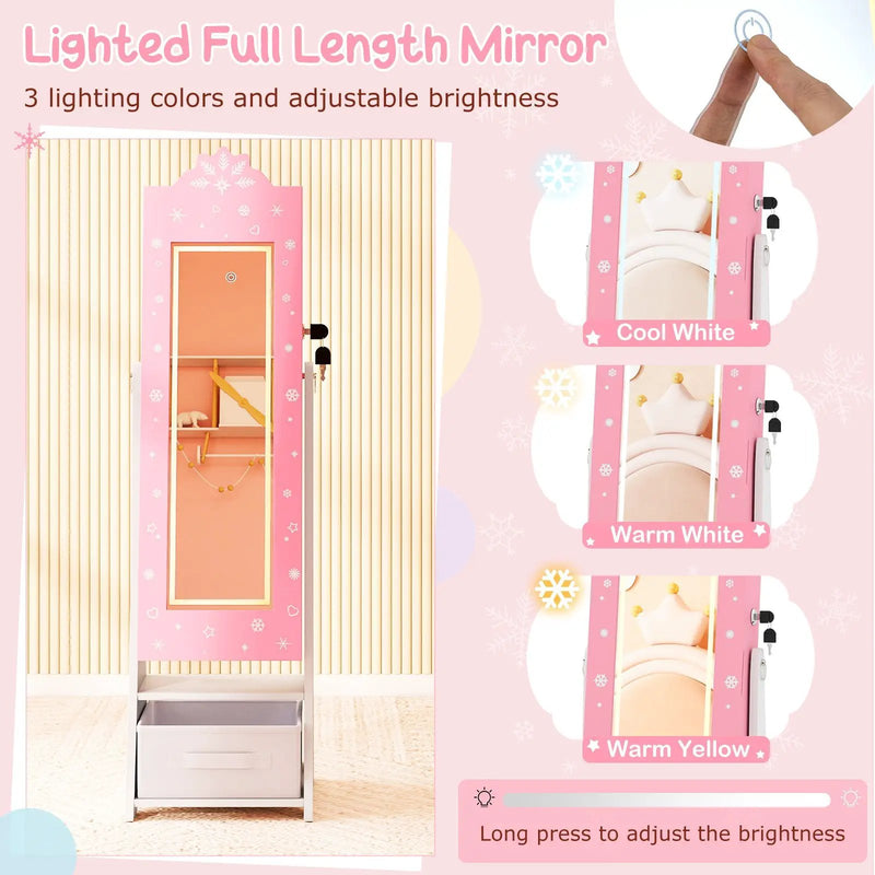 Kids Jewelry Armoire Freestanding Jewelry Cabinet with 3-Color Lighted Full Length Mirror by DirectDeals