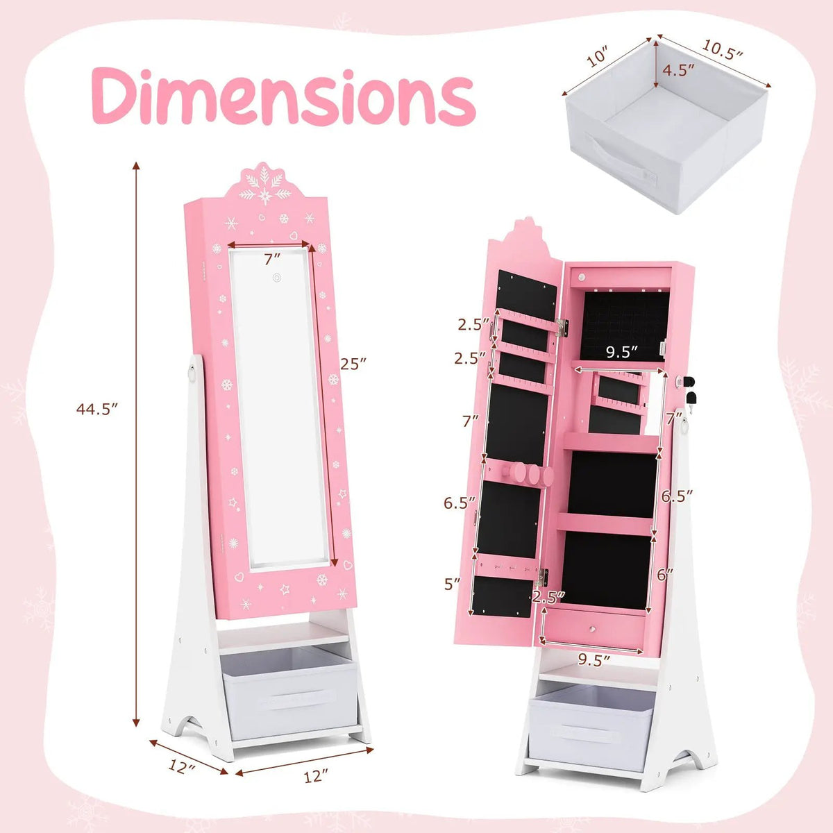 Kids Jewelry Armoire Freestanding Jewelry Cabinet with 3-Color Lighted Full Length Mirror by DirectDeals