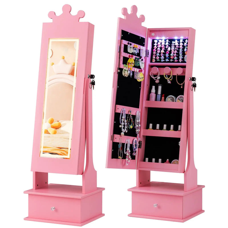 Kids Jewelry Armoire with 3-Color Lighted Full Length Mirror and Inside Led Lights by DirectDeals