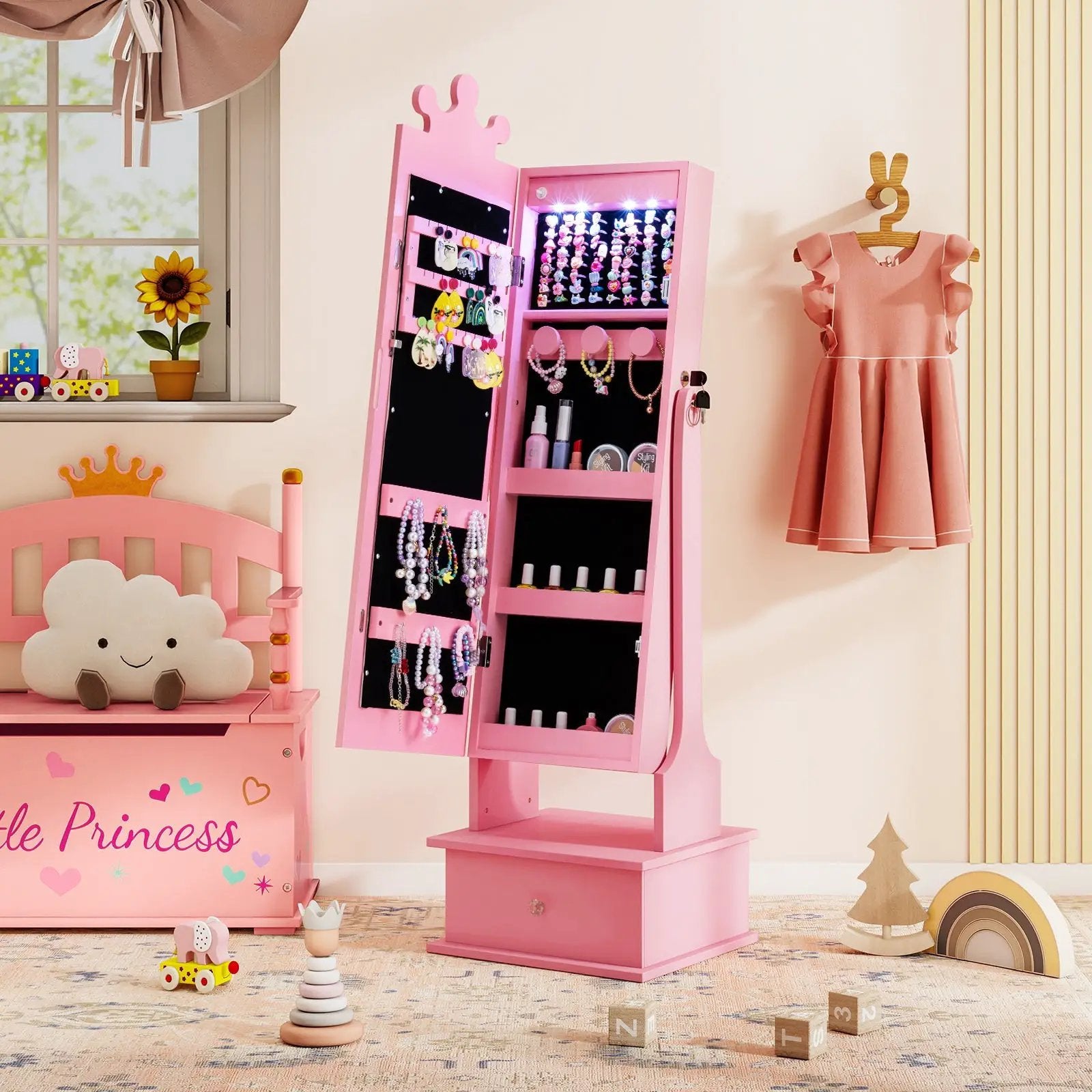Kids Jewelry Armoire with 3-Color Lighted Full Length Mirror and Inside Led Lights by DirectDeals
