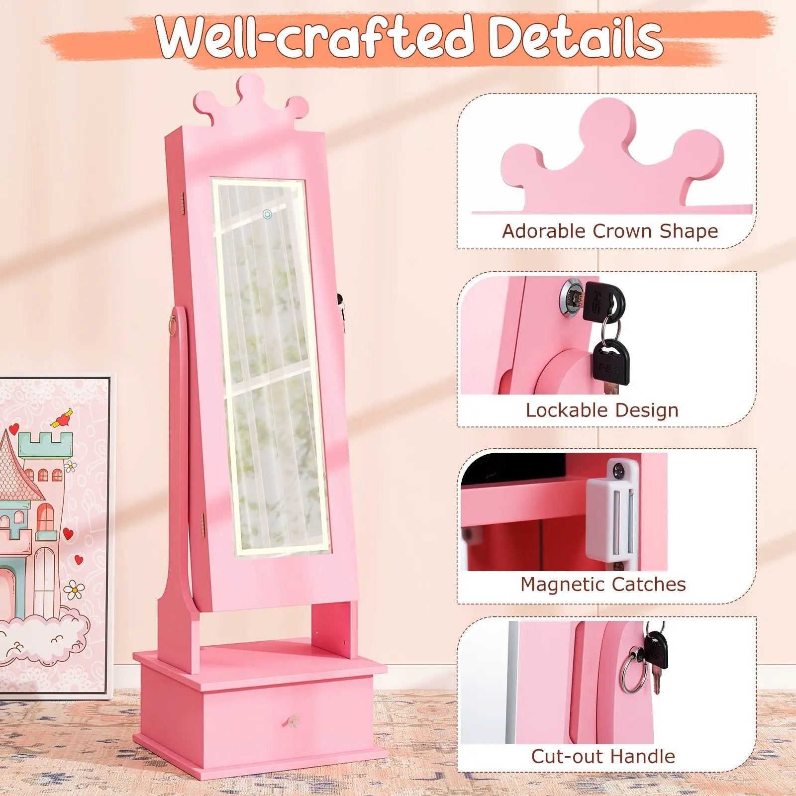 Kids Jewelry Armoire with 3-Color Lighted Full Length Mirror and Inside Led Lights by DirectDeals