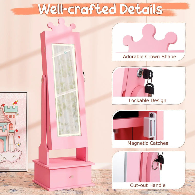 Kids Jewelry Armoire with 3-Color Lighted Full Length Mirror and Inside Led Lights by DirectDeals