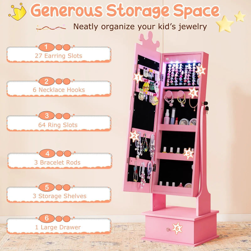 Kids Jewelry Armoire with 3-Color Lighted Full Length Mirror and Inside Led Lights by DirectDeals