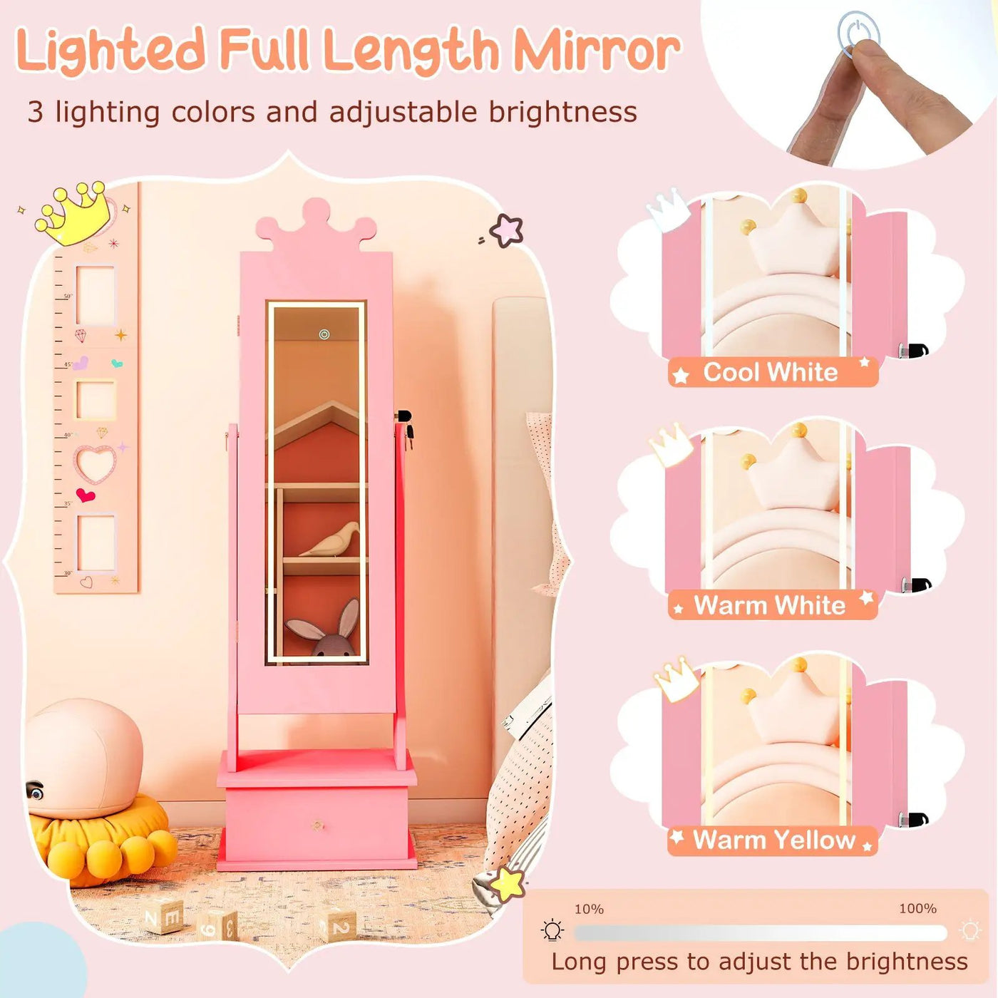 Kids Jewelry Armoire with 3-Color Lighted Full Length Mirror and Inside Led Lights by DirectDeals