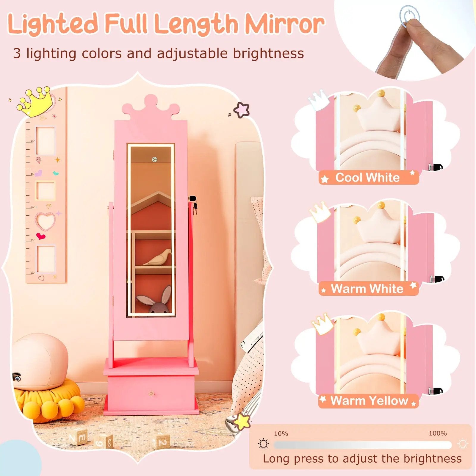 Kids Jewelry Armoire with 3-Color Lighted Full Length Mirror and Inside Led Lights by DirectDeals