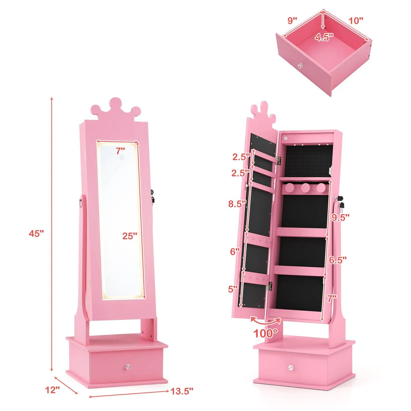 Kids Jewelry Armoire with 3-Color Lighted Full Length Mirror and Inside Led Lights by DirectDeals