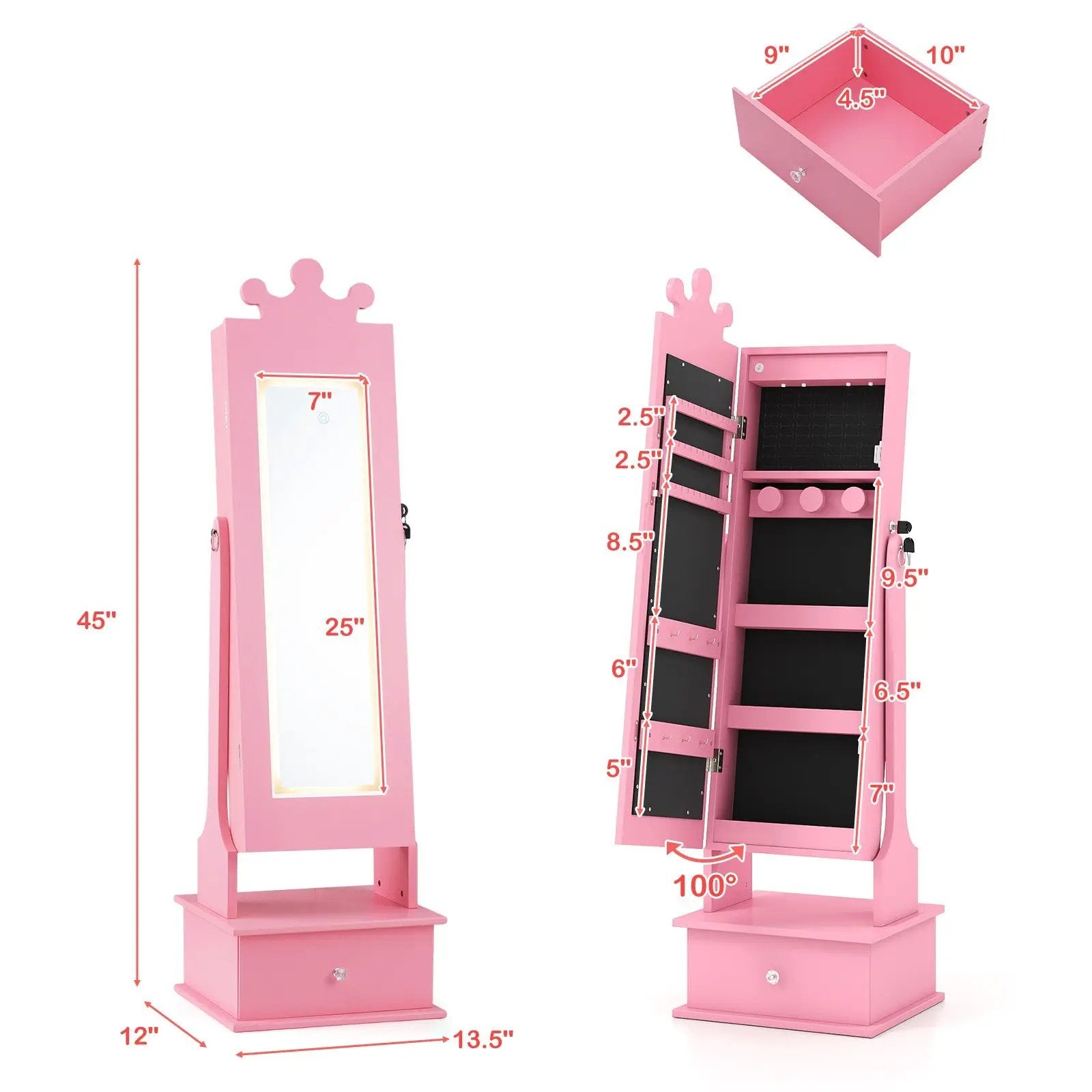 Kids Jewelry Armoire with 3-Color Lighted Full Length Mirror and Inside Led Lights by DirectDeals
