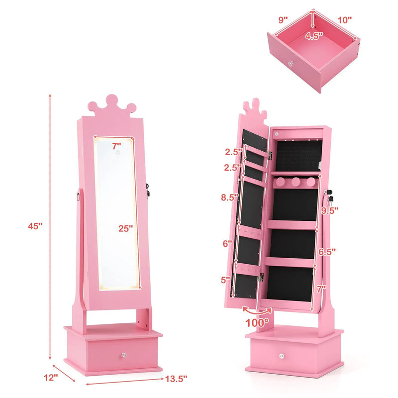 Kids Jewelry Armoire with 3-Color Lighted Full Length Mirror and Inside Led Lights by DirectDeals