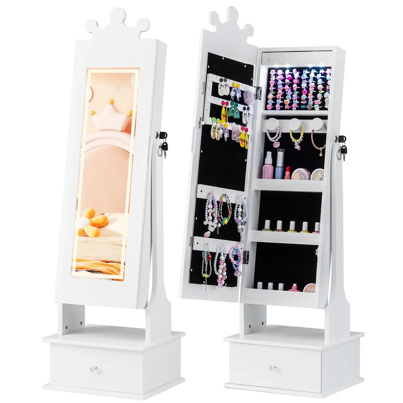 Kids Jewelry Armoire with 3-Color Lighted Full Length Mirror and Inside Led Lights by DirectDeals